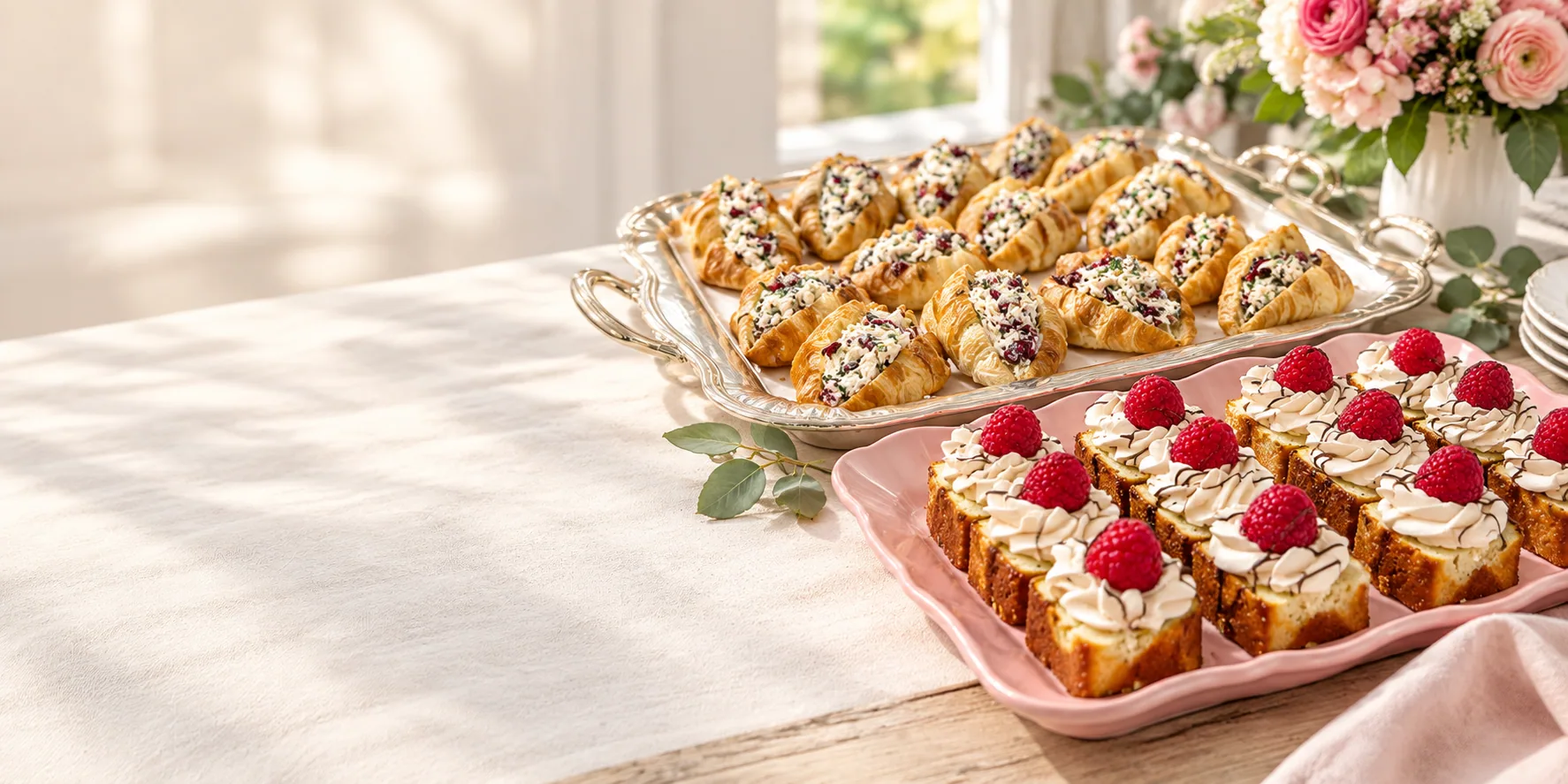 Rose Cottage Baking Co. catering spread of croissants and raspberry cream pastries on serving trays