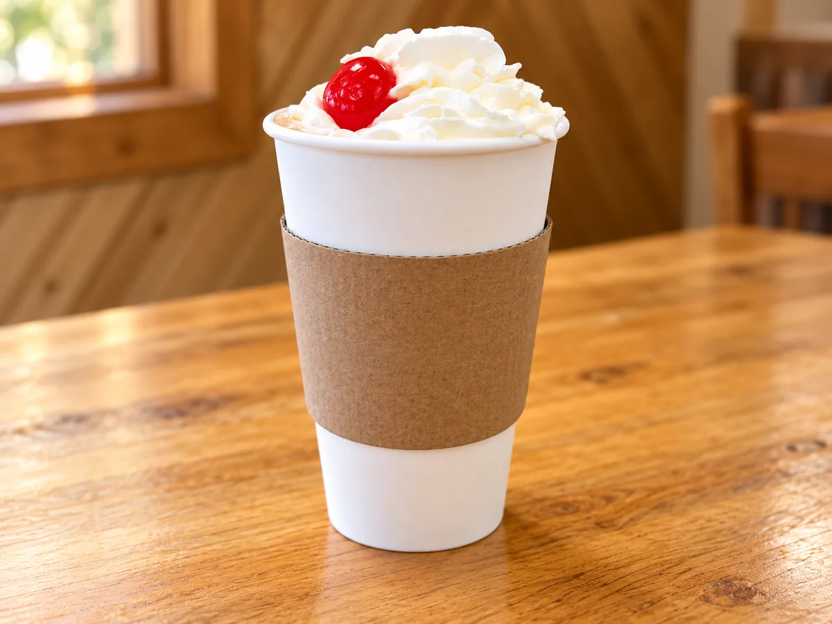 Rose Cottage Baking Co. chocolate cherry latte topped with whipped cream and a cherry