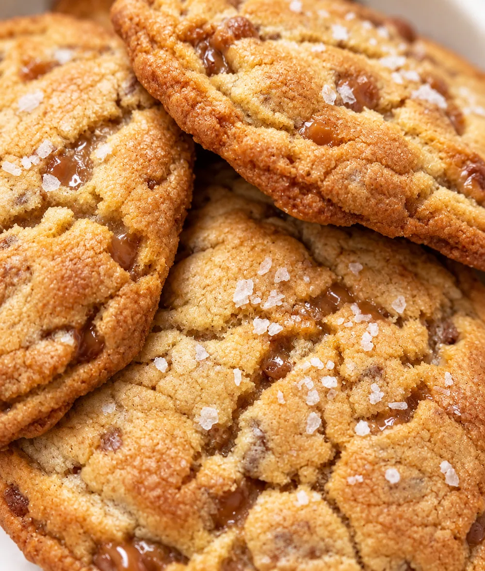 Rose Cottage Baking Co. salted caramel chocolate chip cookies with flaky sea salt